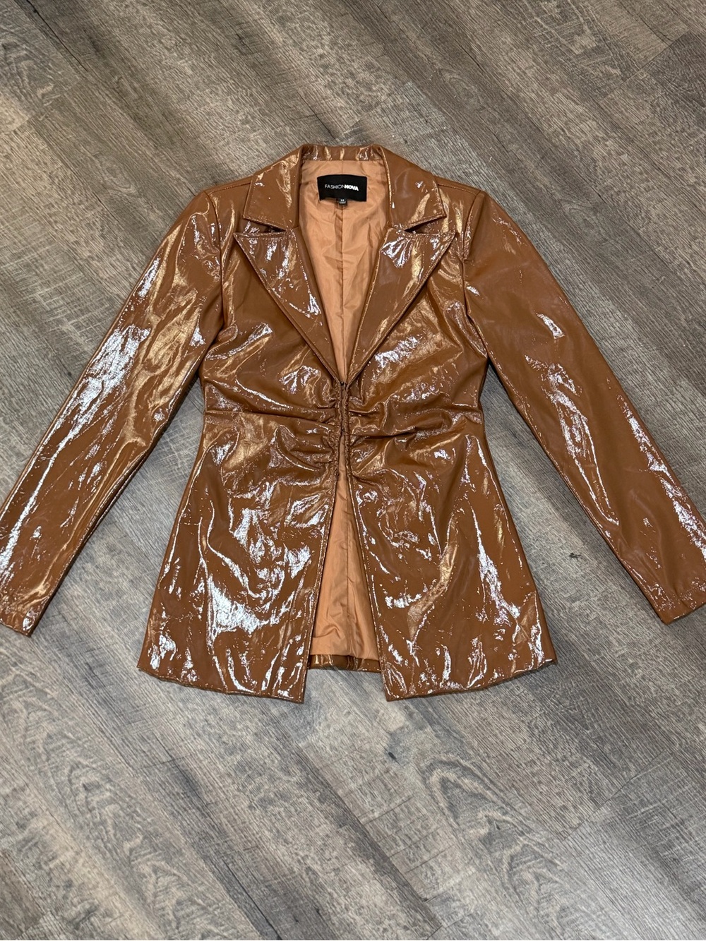Fashion Nova Glossy Brown Faux Leather Blazer
